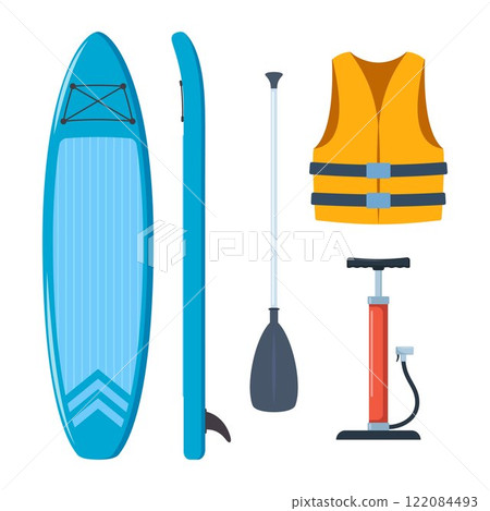 Stand Up Paddle board Accessories. Basic set for SUP. Inflatable board, paddle, life jacket, pump. Vector illustration. Stand Up Paddle board Accessories. Basic set for SUP. Inflatable board, paddle, life jacket, pump. Vector illustration. 122084493