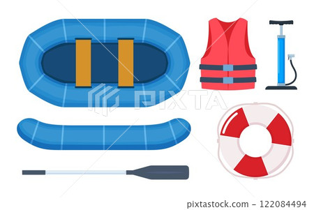 Rubber boat with paddle, pump, life jacket, lifebuoy. Rafting extreme water sport equipment. Fishing equipment. Inflatable rubber vessel boat. Vector illustration. 122084494