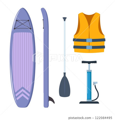 Stand Up Paddle board Accessories. Basic set for SUP. Inflatable board, paddle, life jacket, pump. Vector illustration. Stand Up Paddle board Accessories. Basic set for SUP. Inflatable board, paddle, life jacket, pump. Vector illustration. 122084495