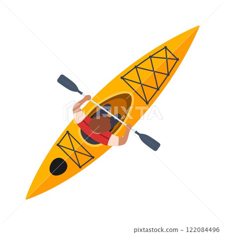 People rowing with paddles in kayak. Men in helmets and life jackets rafting in sports boat with oars. Extreme water activity. Vector illustration. 122084496