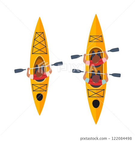 People rowing with paddles in kayak. Men in helmets and life jackets rafting in sports boat with oars. Extreme water activity. Vector illustration. 122084498