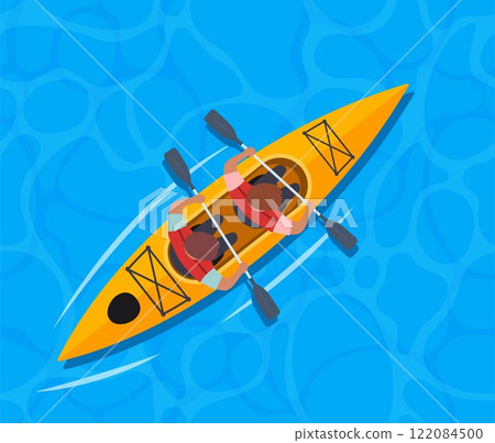 People rowing with paddles in kayak. Men in helmets and life jackets rafting in sports boat with oars. Extreme water activity. Vector illustration. People rowing with paddles in kayak. Men in helmets and life jackets rafting in sports boat with oars. Extreme water activity. Vector illustration. 122084500