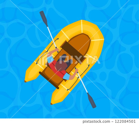 Man Rowing Rubber Inflatable Boat, Top View Rubber boat with paddle. Rafting extreme water sport. Fishing equipment. Inflatable rubber vessel boat. Vector illustration. 122084501