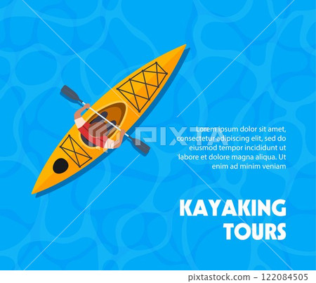 Kayaking summer poster water sea top view. Kayak and man with paddles. Outdoor activities. Yellow red kayak on sea background. Vector illustration. 122084505
