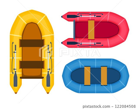 Rubber boats set. Rafting extreme water sport. Fishing equipment. Inflatable rubber vessel boat. Vector illustration. 122084508