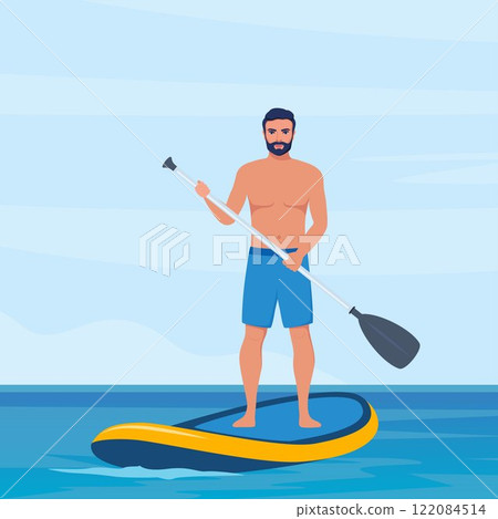 Guy standing on sup board on water. Happy man holding oar and swims on the sea. Summer water sport activities. Vector illustration. 122084514