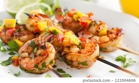 Grilled food, Juicy grilled shrimp skewers with lemon 122084606