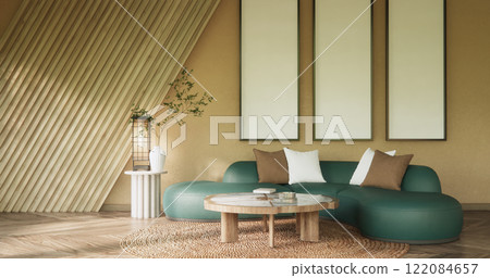 Mocha concept Scene living room have green sofa and decoration wooden minimalist design, room japanese style.3D rendering 122084657