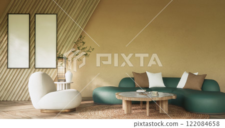 Mocha concept Scene living room have green sofa and decoration wooden minimalist design, room japanese style.3D rendering 122084658