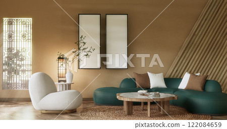 Mocha concept Scene living room have green sofa and decoration wooden minimalist design, room japanese style.3D rendering 122084659