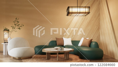 Mocha concept Scene living room have green sofa and decoration wooden minimalist design, room japanese style.3D rendering Mocha concept Scene living room have green sofa and decoration wooden minimalist design, room japanese style.3D rendering 122084660