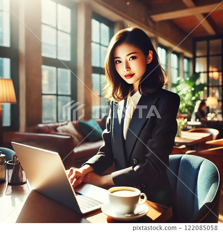 在咖啡館工作的自由職業女性 122085058