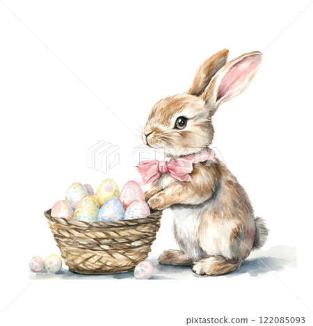 Easter bunny with basket of painted eggs. Watercolor illustration. Easter bunny with basket of painted eggs. Watercolor illustration. 122085093