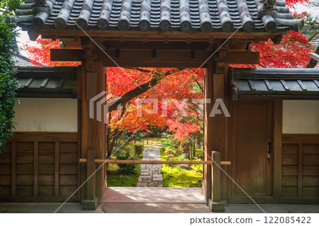 Wooden gate to Ryoanji temple red maple leaf garden in fall, Kyoto Wooden gate to Ryoanji temple red maple leaf garden in fall, Kyoto 122085422