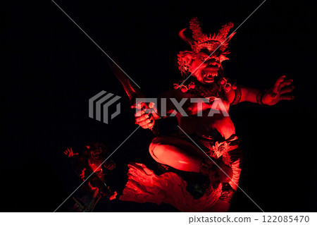 Traditional demon ogoh-ogoh at ritual parade of terrible monsters - Ngrupuk, which is held in evening of Nyepi - Balinese New Year before silence day. Arts and culture of Bali island people. 122085470