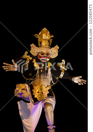 Traditional demon ogoh-ogoh at ritual parade of terrible monsters - Ngrupuk, which is held in evening of Nyepi - Balinese New Year before silence day. Arts and culture of Bali island people. 122085473