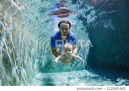 Child swimming lesson - baby with father learning to dive underwater in pool. Healthy active family lifestyle, physical exercise and water sport activity with parent on summer holiday in fitness 122085482