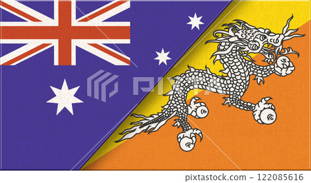 Two Flags Together Australian and Bhutan national flags. 3D illustration 122085616