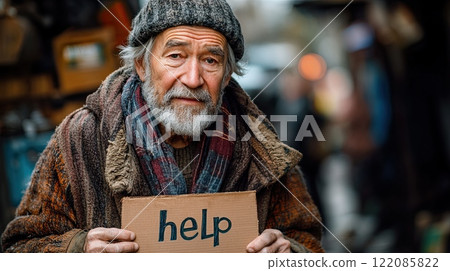Old senior man holding a sign with text "help" on city street outdoors, homeless 122085822