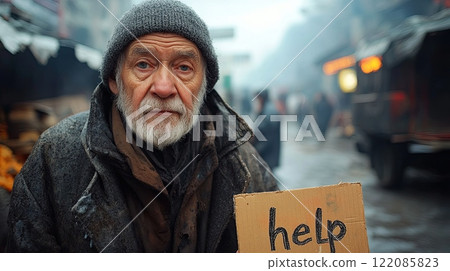 Old senior man holding a sign with text "help" on city street outdoors, homeless 122085823