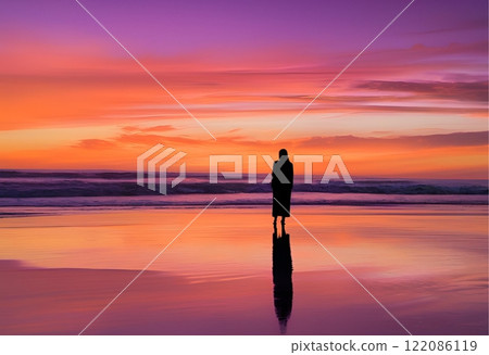 Silhouette of a person standing, gazing at sunset over the sea.AI Generated 122086119