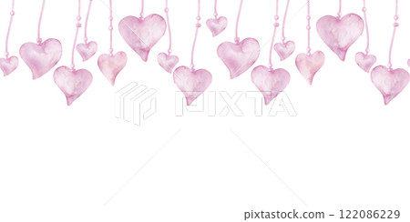 Soft simple pink hearts seamless border banner for Valentine's Day or wedding. Concept love. Hand drawn watercolor illustration on white background. For website, backing, backdrop 122086229
