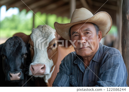 Portrait of a senior man in cowboy hat and cow in farm 122086244