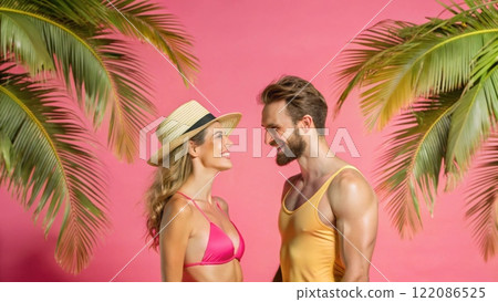 Happy Romantic Middle Aged Couple Enjoying Beautiful Sunset Travel  122086525