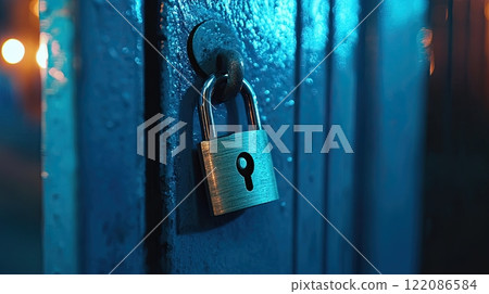 A close up of metallic padlock secured on blue door, showcasing intricate textures and reflections. 122086584
