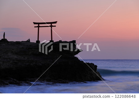 [Shizuoka Prefecture] Shirahama Shrine, Daimyojin Rock's Red Torii Gate at Dawn 122086648