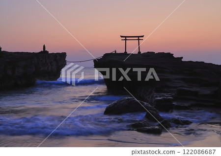 [Shizuoka Prefecture] Shirahama Shrine, Daimyojin Rock's Red Torii Gate at Dawn 122086687