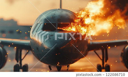 Airplane on fire during an emergency at sunset. 122086710