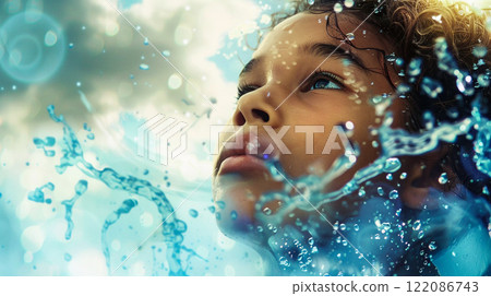 A young boy submerges face under water. Beautiful dreaming child. Unity with nature. Relaxation, concentration, clearing of thoughts, meditation.  122086743