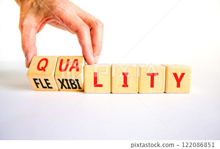 Quality or flexibility symbol. Concept words Quality Flexibility on wooden cubes. Beautiful white table white background. Businessman hand. Business and quality or flexibility concept. Copy space. 122086851