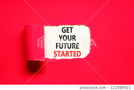 Get your future started symbol. Concept words Get your future started on beautiful white paper. Beautiful red table red background. Business get your future started concept. Copy space. Get your future started symbol. Concept words Get your future started on beautiful white paper. Beautiful red table red background. Business get your future started concept. Copy space. 122086921