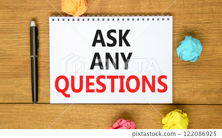 Ask any questions symbol. Concept words Ask any questions on beautiful white note. Beautiful wooden background. Black pen. Colored paper. Business ask any questions concept. Copy space. Ask any questions symbol. Concept words Ask any questions on beautiful white note. Beautiful wooden background. Black pen. Colored paper. Business ask any questions concept. Copy space. 122086925