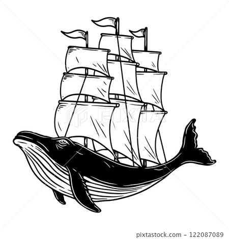 Sailing whale. Illustration of the whale with ship sails. Design element for poster, card, banner, emblem, sign. Vector illustration 122087089