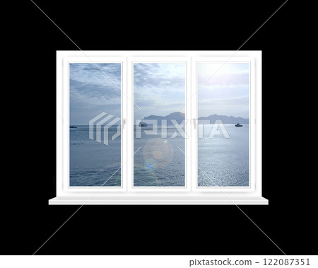 Panoramic window overlooking in ocean with ships. Domestic concept 122087351