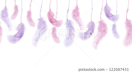 Delicate pink, lilac watercolor feather with ribbon beads seamless border banner for Valentine's Day or wedding. Concept love. Hand drawn illustration white background. For website, backing, backdrop 122087431