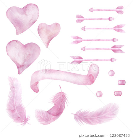 Delicate pink watercolor hearts, arrows, feathers, ribbon, bead set. For girly baby decor, Valentine's Day, wedding. Concept soft love. Hand drawn illustration on white background. Delicate pink watercolor hearts, arrows, feathers, ribbon, bead set. For girly baby decor, Valentine's Day, wedding. Concept soft love. Hand drawn illustration on white background. 122087433
