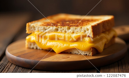 Grilled cheese sandwich with melted cheddar cheese served on a rustic wooden board 122087476