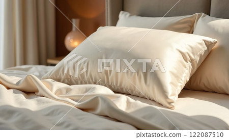 Luxurious beige pillows in satin, silk pillowcases on a wide bed. Bedding and accessories. Cozy home textiles 122087510