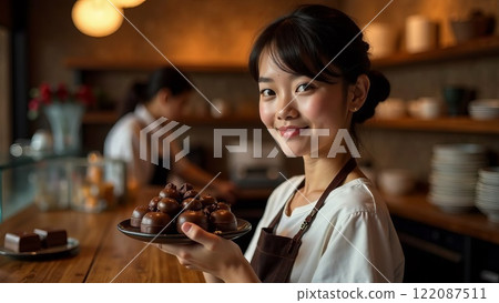 Young Asian woman pastry chef with a praline dessert in the background of a chocolate shop Young Asian woman pastry chef with a praline dessert in the background of a chocolate shop 122087511