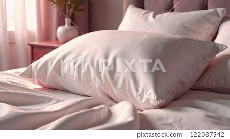 Luxurious pink pillows in satin, silk pillowcases on a wide bed. Bedding and accessories. Cozy home textiles 122087542