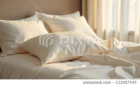 Luxurious beige pillows in satin, silk pillowcases on a wide bed. Bedding and accessories. Cozy home textiles 122087545