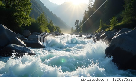 Close-up of a mountain river with a turbulent current skirting large rocks in its bed, flowing through the forest on a sunny morning Close-up of a mountain river with a turbulent current skirting large rocks in its bed, flowing through the forest on a sunny morning 122087552
