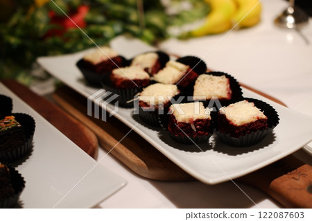 Catering buffet for events in a restaurant or hotel. Food styling and restaurant meal serving. 122087603