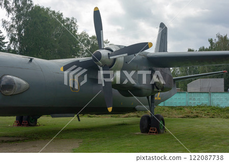 Minsk, Belarus - July 25, 2018: aircraft propeller engine. Wing of an airplane with a screw engine Minsk, Belarus - July 25, 2018: aircraft propeller engine. Wing of an airplane with a screw engine 122087738