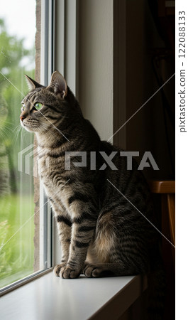 A cat looking out by the window 122088133