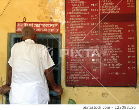 Indian man standing next to the post counter in an indian village. Back view of an local man in India. Indian man standing next to the post counter in an indian village. Back view of an local man in India. 122088156